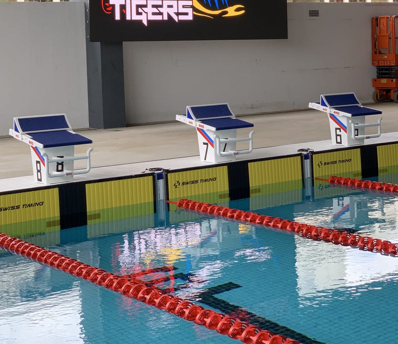 Competition swimming pool starting block with lane markers